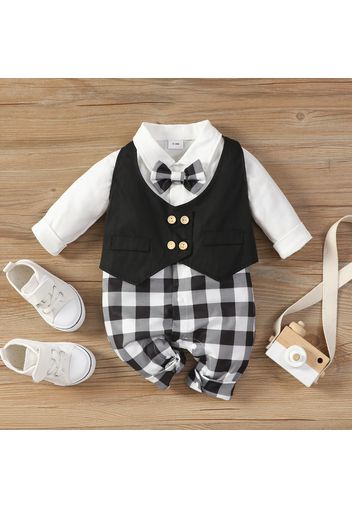 100% Cotton Baby Boy Long-sleeve Gentleman Faux-two Waistcoat Plaid Jumpsuit