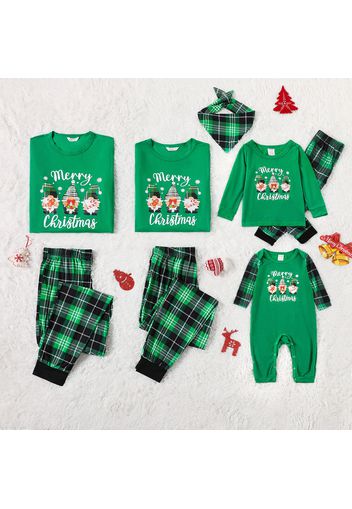 Christmas Gnomes and Letter Print Green Family Matching Long-sleeve Pajamas Sets (Flame Resistant)