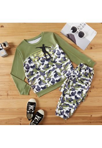 2-piece Kid Boy Letter Print Camouflage Pullover and Elasticized Pants Set