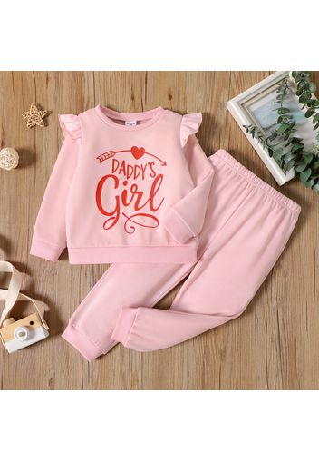 2pcs Toddler Girl Letter Print Ruffled Long-sleeve Pink Tee and Elasticized Pants Set