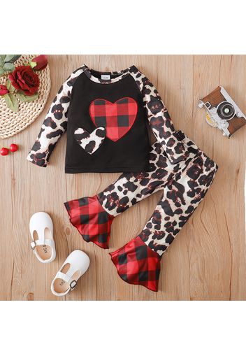 Valentine's Day 2pcs Baby Girl Love Heart Design Leopard Raglan-sleeve Top and Plaid Splicing Bell Bottom Pants Set