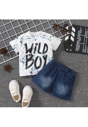 2pcs Baby Boy Allover Marble Graphic Letter Print Short-sleeve T-shirt and Denim Shorts Set