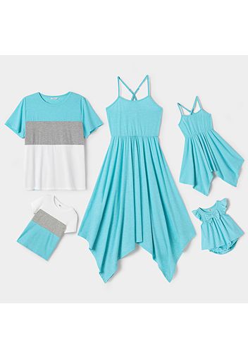 Family Matching Solid Spaghetti Strap Irregular Hem Dresses and Short-sleeve Colorblock T-shirts Sets