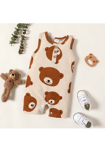 Baby Boy/Girl All Over Cartoon Bear Print Ribbed Sleeveless Tank Romper