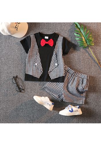 2pcs Toddler Boy Gentleman Suit Faux-two Plaid Bow tie Design Tee and Shorts Set