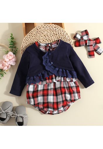 2-piece Baby Girl Plaid Long-sleeve Romper and Floral Lace Design Cardigan Set