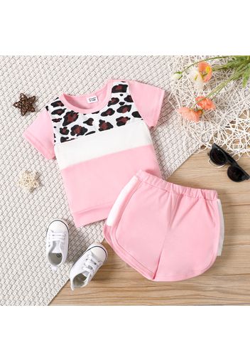 2pcs Baby Girl Leopard Colorblock Short-sleeve T-shirt and Shorts Set