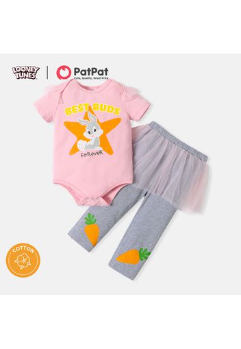 Looney Tunes 2pcs Baby Girl 95% Cotton Ruffle Short-sleeve Graphic Romper with Suspender Skirt/Pants Set