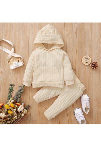 2-piece Baby Girl Solid Color Cable Knit Textured Hoodie Sweatshirt and Pants Set