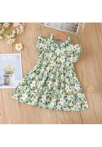 Baby Girl All Over Floral Print Green Flutter-sleeve Button Up Dress