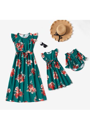 All Over Floral Print Dark Green Ruffle Sleeve Belted Midi Dress for Mom and Me