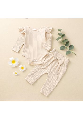 Ribbed 2pcs Solid Ruffle and Bowknot Decor Long-sleeve Baby Set