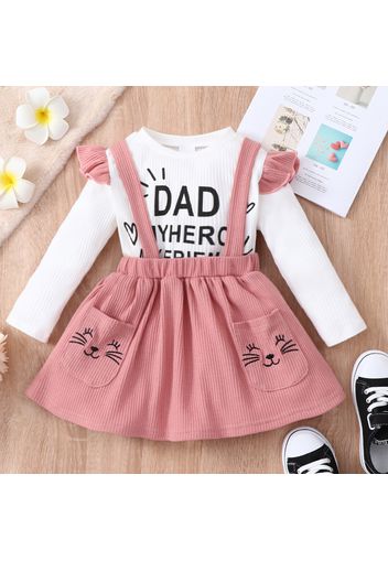 2-piece Toddler Girl Letter Print Ruffled Long-sleeve Ribbed Top and Cat Embroidered Waffle Suspender Skirt Set