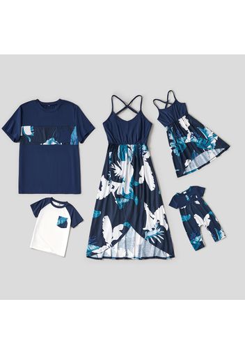 Blue Feather Print Family Matching Sets(Tulip Hem Cami Midi Dresses and Short-sleeve T-shirts)