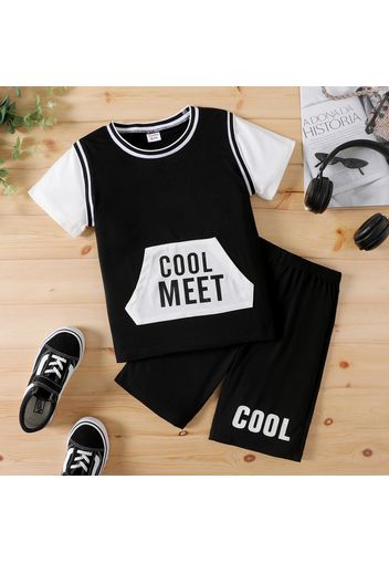 2pcs Kid Boy Sporty Letter Print Pocket Design Short-sleeve Tee and Elasticized Shorts Set