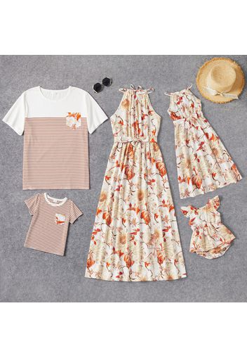 Family Matching Floral Print Halter Dress and Stripe T-shirts Set