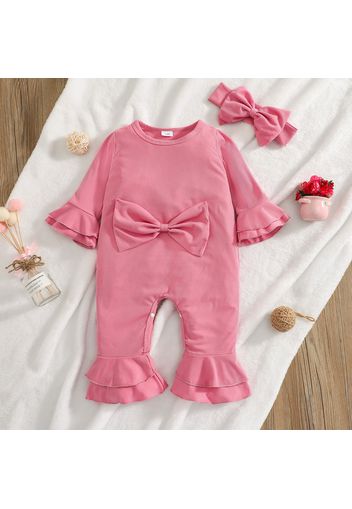 Ribbed 2pcs Solid Red Flare-sleeve Bowknot Baby Jumpsuits Set