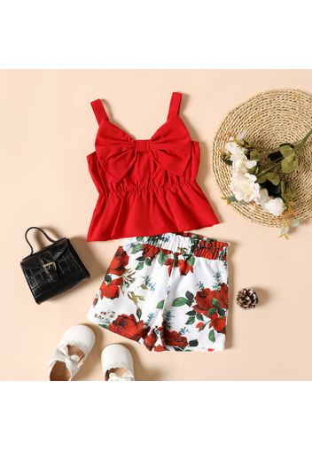 2-piece Toddler Girl Bowknot Design Peplum Camisole and Floral Print Shorts Set
