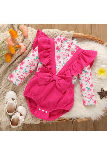 2pcs Baby Girl 100% Cotton Crepe Ruffle Trim Bow Front Romper and Allover Floral Print Mock Neck Long-sleeve Top Set