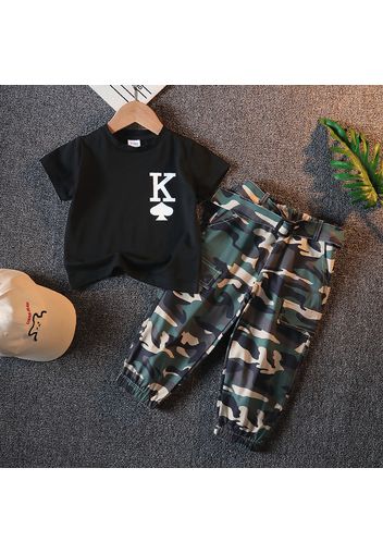 2pcs Toddler Boy Trendy Playing Card Print Tee and Camouflage Print Pants Set