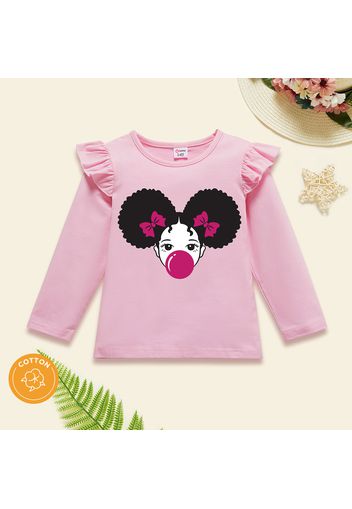 Toddler Girl Cartoon Print Ruffled Short-sleeve Pink Cotton Tee