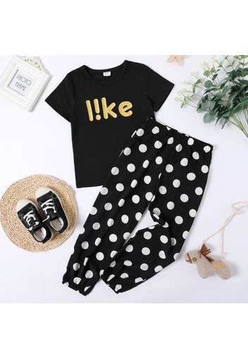 2-piece Kid Girl Letter Print Black Tee and Polka dots Elasticized Pants Set