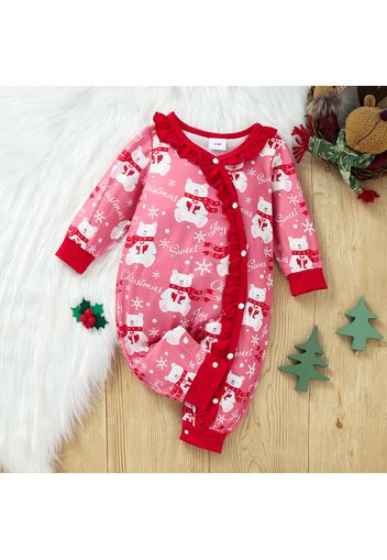 Christmas All Over Polar Bear and Letter Print Ruffle Snap-up Long-sleeve Baby Jumpsuit