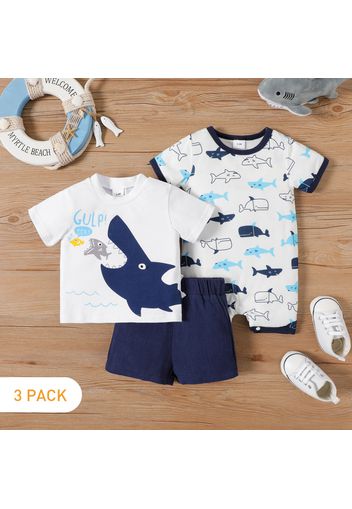 3-Pack Baby Boy 95% Cotton Short-sleeve Cartoon Shark Print Set