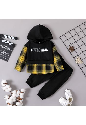 2pcs Baby Boy Plaid Long-sleeve Faux-two Letter Print Hoodie and Sweatpants Set