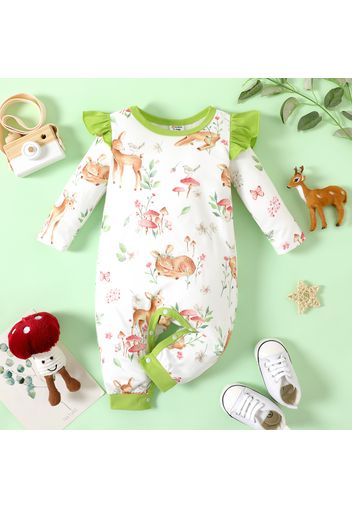 Baby Girl All Over Deer Print Green Ruffle Long-sleeve Jumpsuit