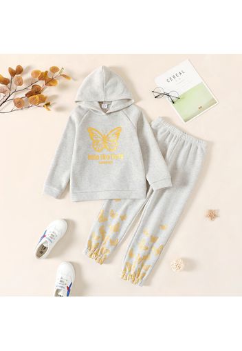 2-piece Kid Girl Letter Animal Butterfly Print Fleece Lined Hoodie Sweatshirt and Pants Set