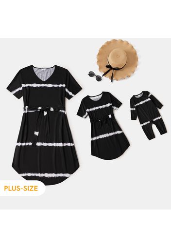 Tie Dye Black Casual Short-sleeve Belted Dress for Mom and Me