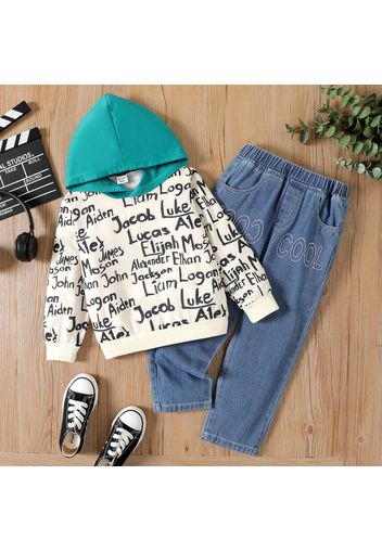 2pcs Kid Boy 100% Cotton Letter Allover Print Hooded Sweatshirt and Embroidered Denim Jeans Set