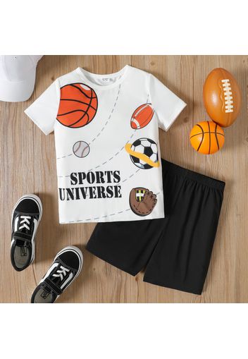 2pcs Kid Boy Letter Balls Print Short-sleeve White Tee and Elasticized Black Shorts Set