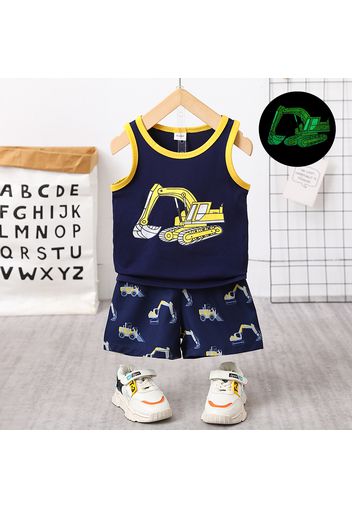 2pcs Toddler Boy Trendy Luminous Vehicle Print Tank Top and Shorts Set