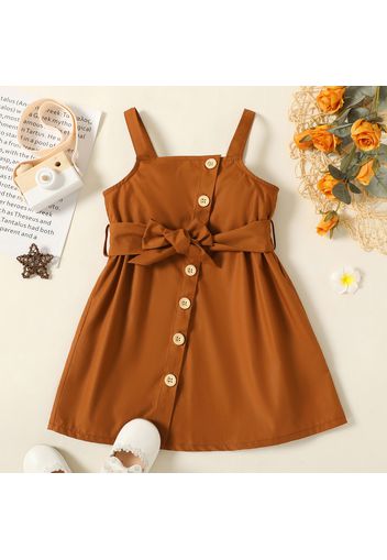 Toddler Girl Button Design Butterfly Print/Brown Belted Sleeveless Strap Dress