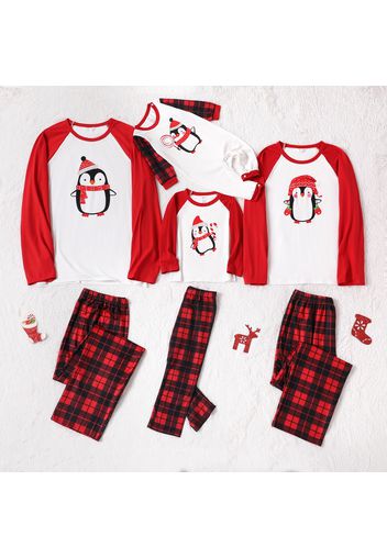 Christmas Cartoon Penguin Print Red Family Matching Raglan Long-sleeve Plaid Pajamas Sets (Flame Resistant)