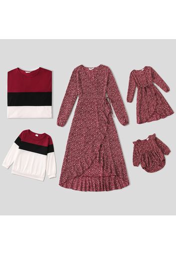 Family Matching Floral Print Long-sleeve Ruffle Tulip Hem Wrap Dresses and Colorblock Sweatshirts Sets