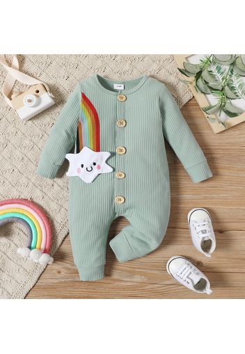 Baby Boy/Girl 95% Cotton Ribbed Long-sleeve Cartoon Rainbow Print Button Up Jumpsuit