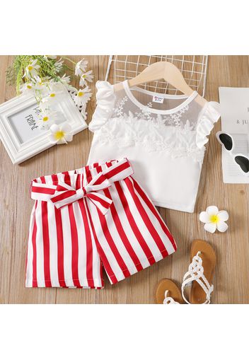 2pcs Kid Girl Floral Lace Design Sleeveless White Tee and Belted Stripe Shorts Set