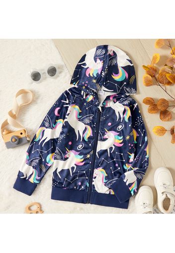 Kid Girl Unicorn Space Print Zipper Hooded Velvet Jacket