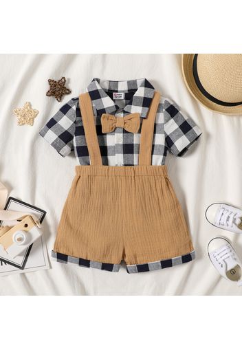 100% Cotton 2pcs Baby Boy Bow Tie Decor Plaid Short-sleeve Shirt and Crepe Suspender Shorts Set