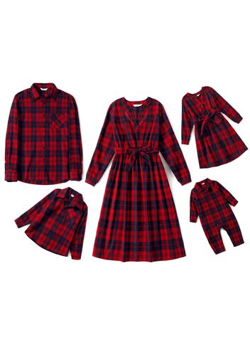 Christmas Red Plaid Family Matching V Neck Long-sleeve Dresses and Shirts Sets