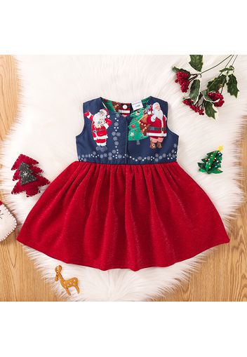 Christmas Santa Print Baby Sleeveless Tank Splicing Glitter Dress