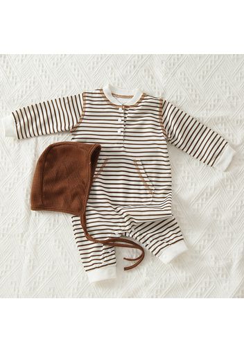 2pcs Baby Boy/Girl Brown Striped Long-sleeve Jumpsuit with Hat Set