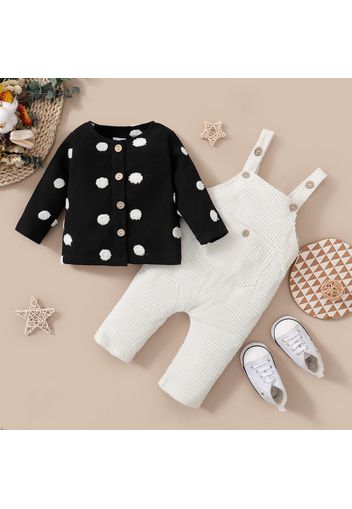 2pcs Baby Boy/Girl Dots Long-sleeve Cardigan and Solid Overalls Set