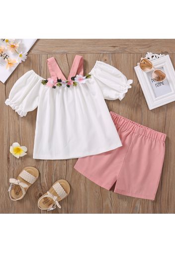 2pcs Kid Girl Floral Embroidered Off Shoulder Short Puff-sleeve Strap Blouse and Elasticized Shorts Set