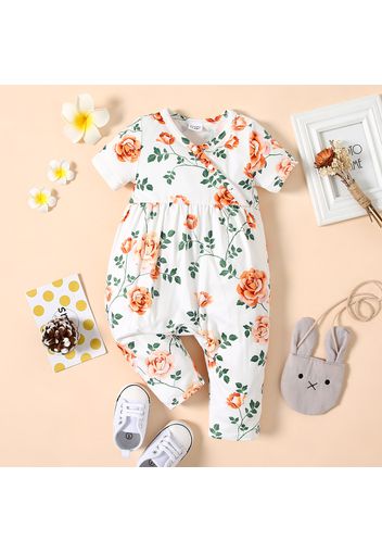 Baby Girl All Over Floral Print V Neck Short-sleeve Snap-up Jumpsuit