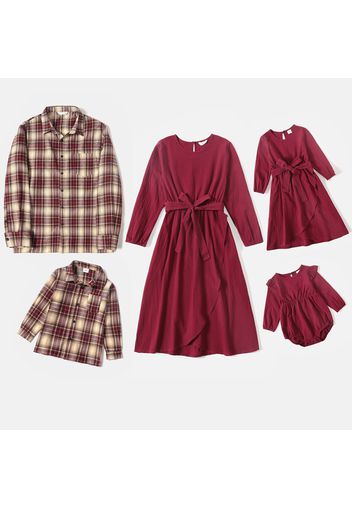 Family Matching Solid Long-sleeve Belted Tulip Hem Dresses and Plaid Shirts Sets