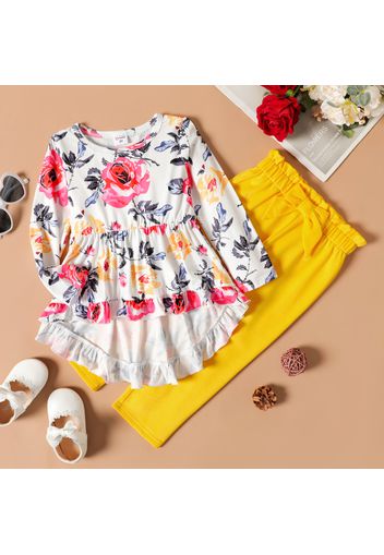 2-piece Toddler Girl Floral Print Long-sleeve Ruffled High Low Top and Yellow Paperbag Pants Set